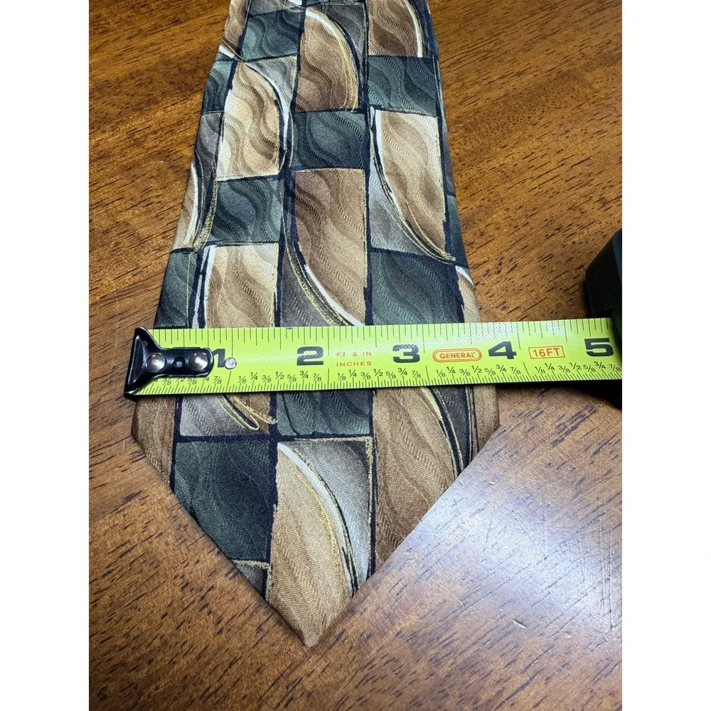 Zylos Gold George Machado Tie Mens OS Green Tan Silk Geometric Abstract